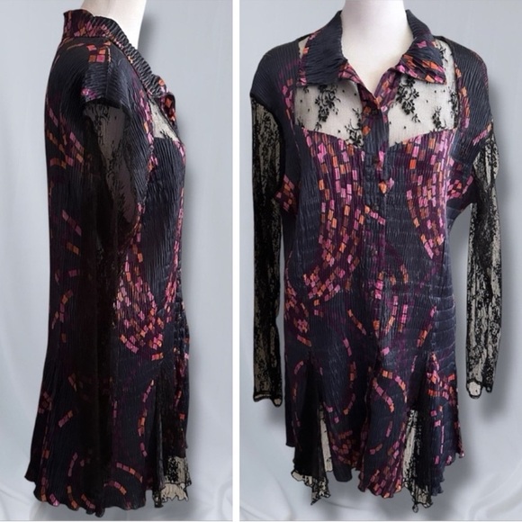 KOMAROV Button Front Lace Sleeve and Detail Crinkle Multicolor Shirt Top Dress L - Picture 1 of 9